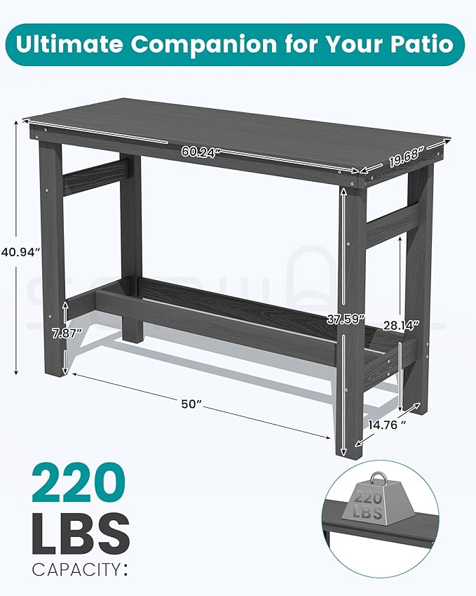 SERWALL 41" Outdoor Bar Table with 1.6" Umbrella Hole, HDPE Patio B...