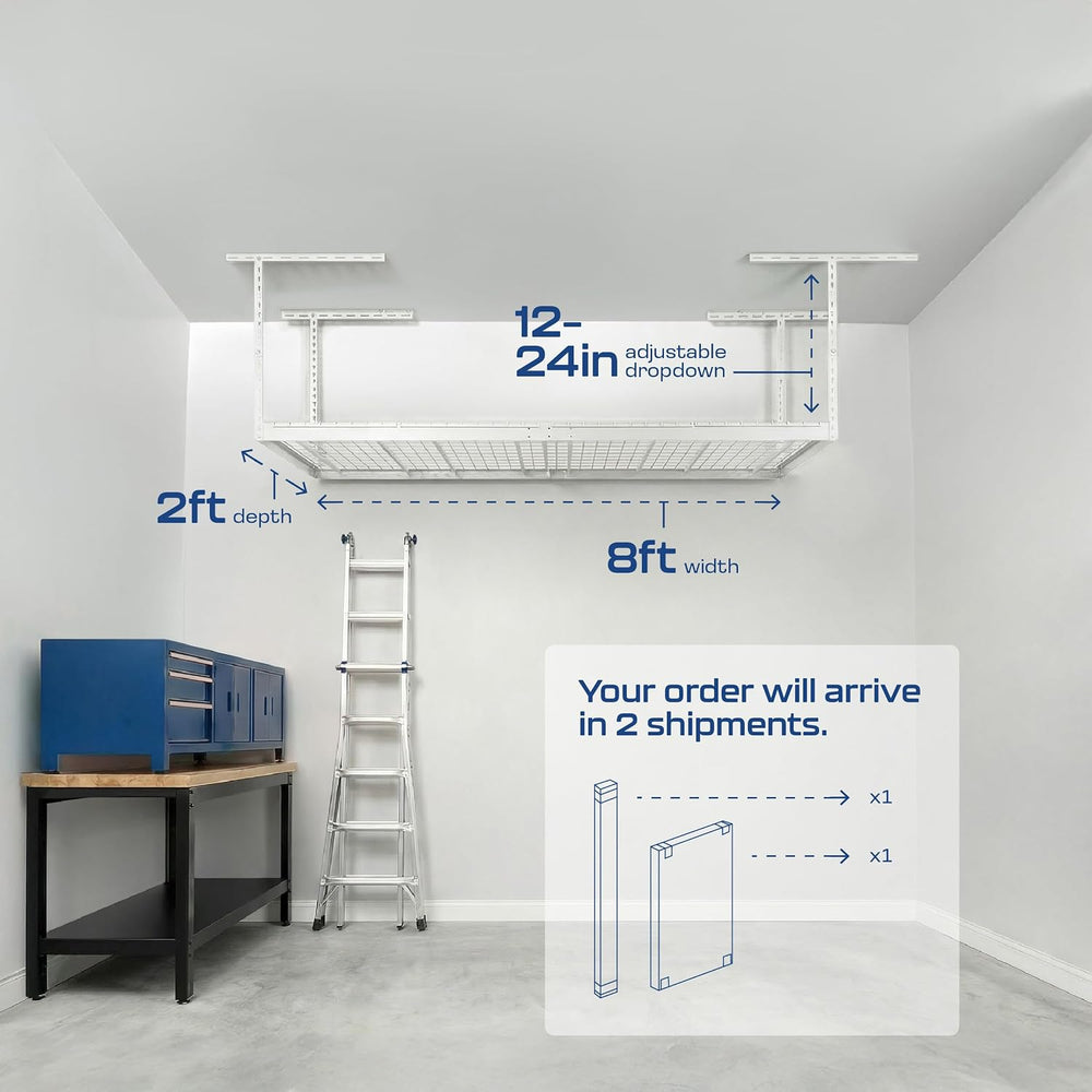 MonsterRax 2x8 Overhead Garage Storage Rack, White, 12"-21" Height