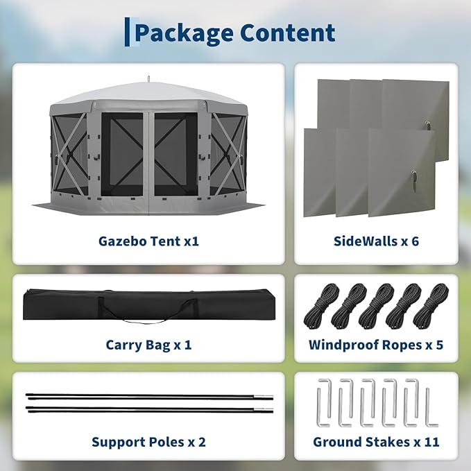 13x13FT 6-Sided Pop Up Gazebo Tent，One-Push Setup Canopy Tent with Removable ...