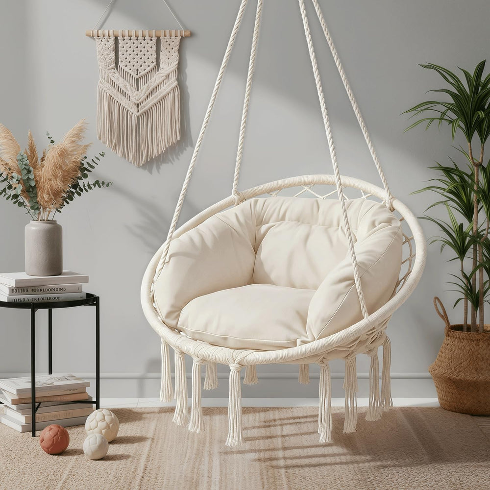 Monibloom Hanging Hammock Chair Macrame Swing with Cushion, Beige