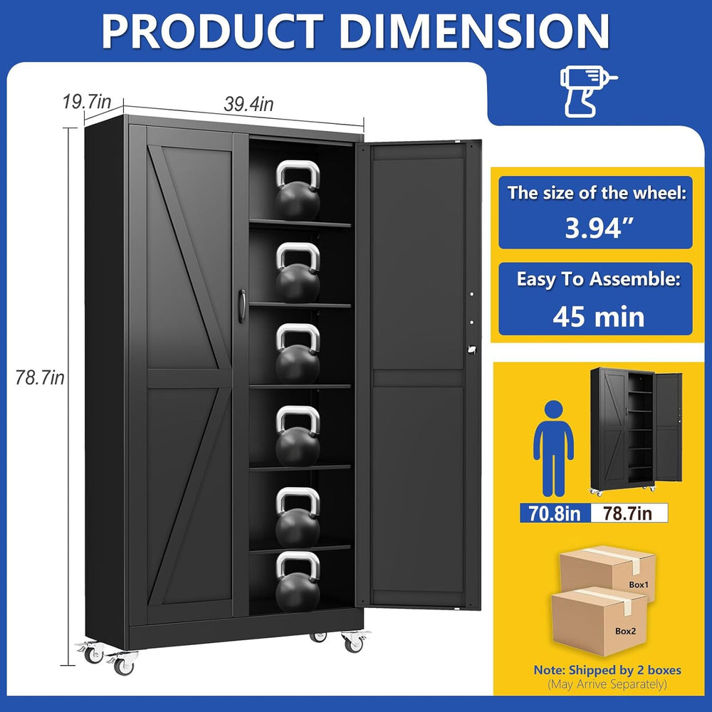 PAOFIN 79" Metal Garage Storage Cabinets with Wheels