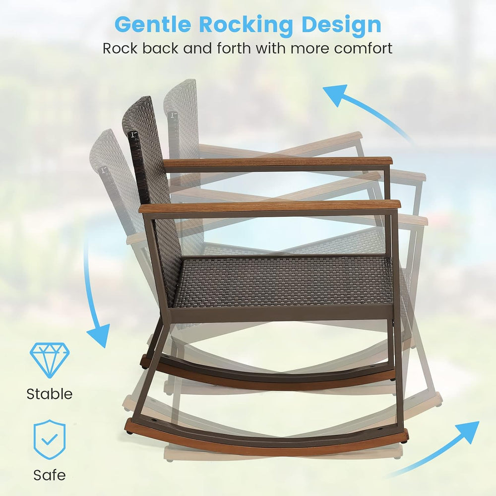 HAPPYGRILL 3 Piece Rocking Bistro Set, Outdoor PE Wicker Rocking Chair with C...