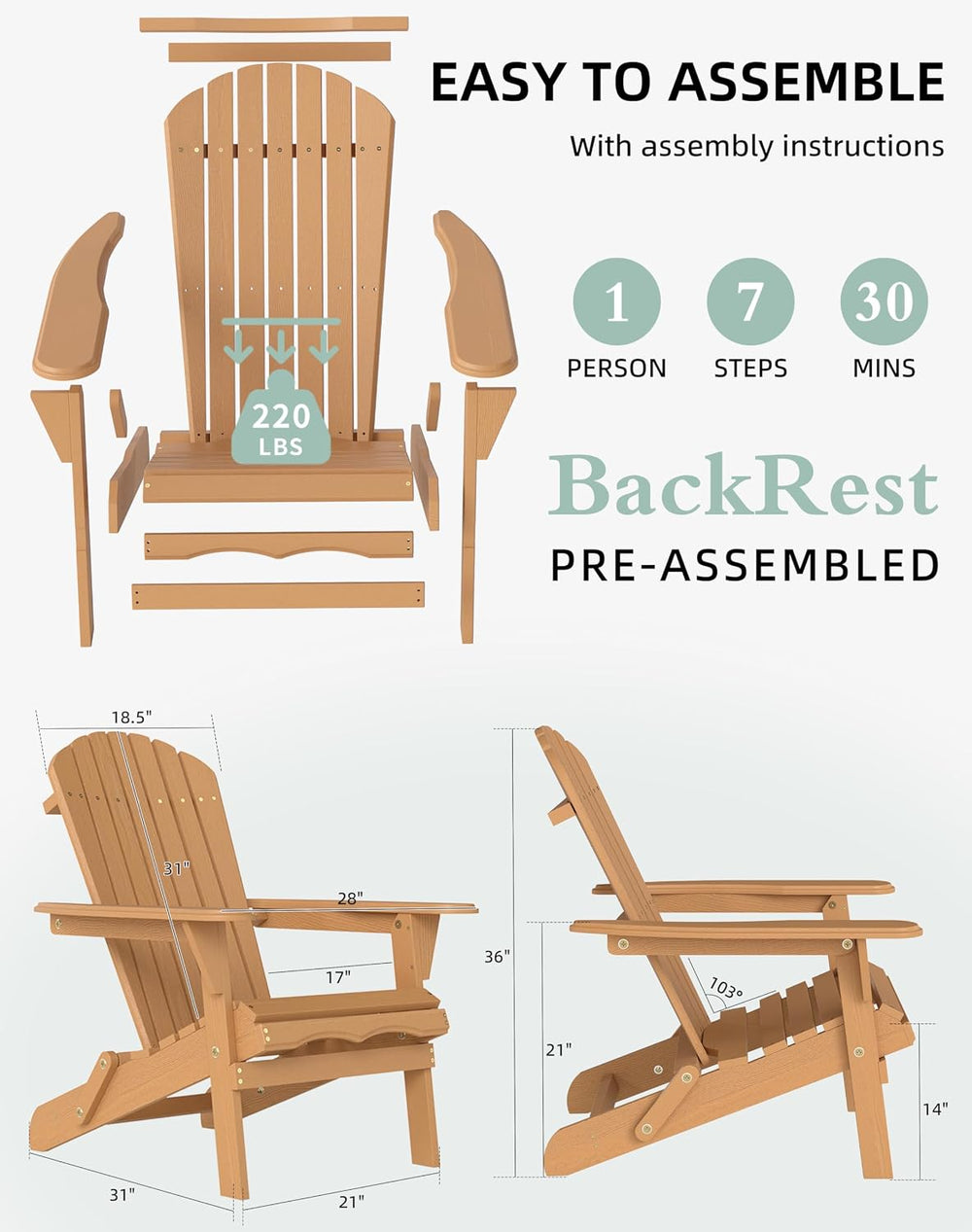 Wooden Folding Adirondack Chair Set of 4, Pre-Assembled BackRest Wood Lounge ...