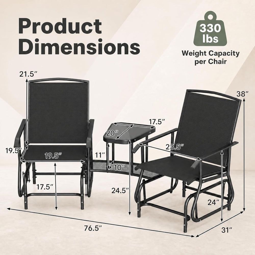 GIANTEX Outdoor Glider Chairs with 2-Tier Center Table, 2-Person Loveseat