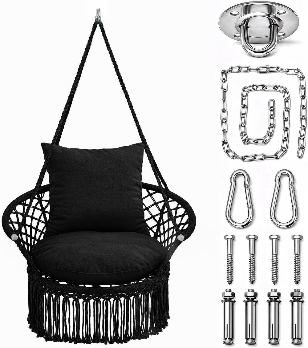 Athena Collection Macrame Hammock Chair with Mounting Hardware Kit, Black