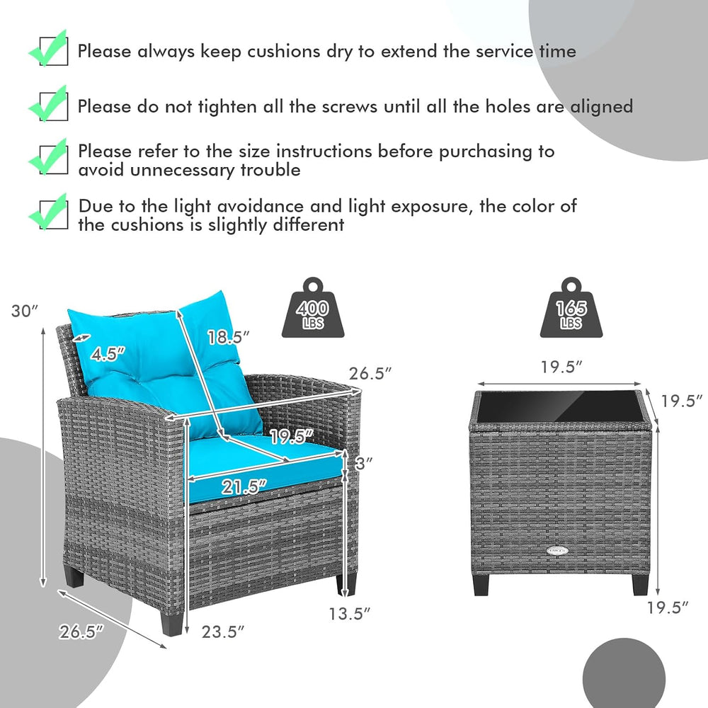 Tangkula 3 Pieces Patio Furniture Set, Outdoor PE Rattan Conversation Chair S...