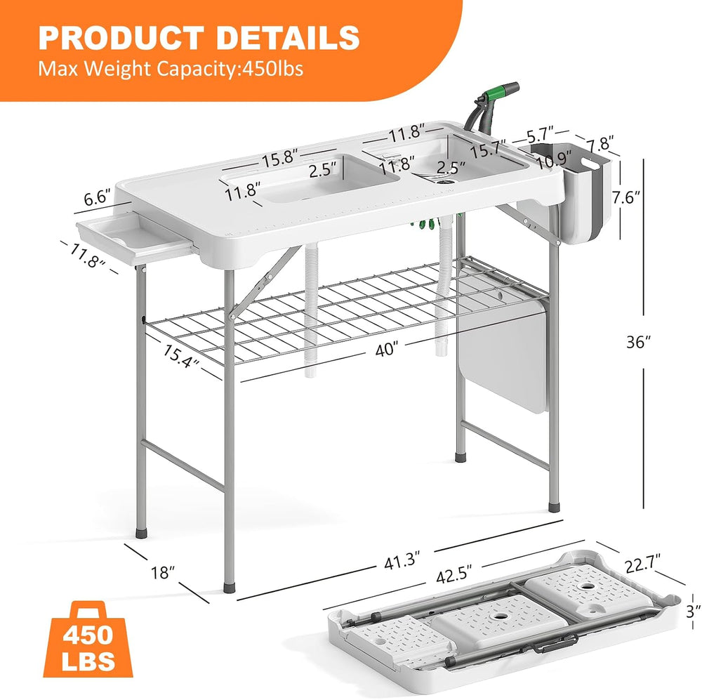 Folding Fish Cleaning Table with 2 Sinks, 42.5'' Portable Camping Sin...