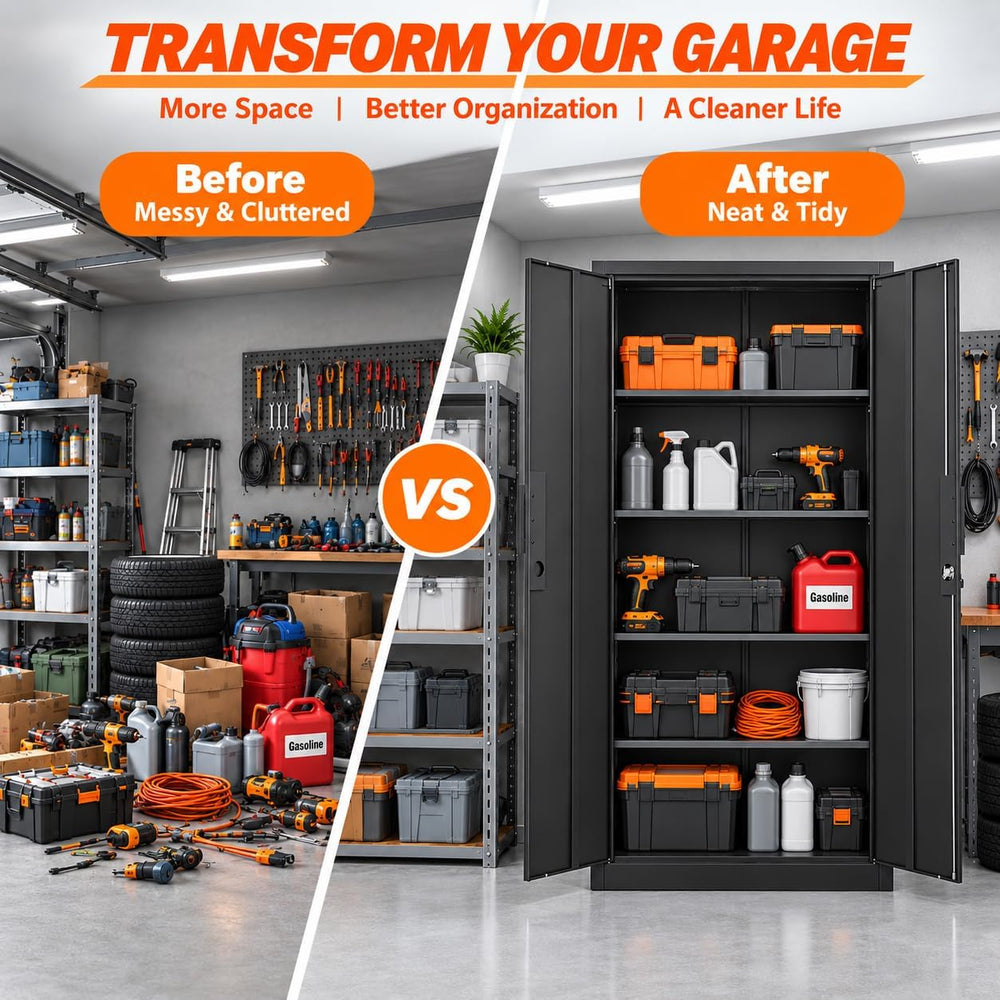 Metal Garage Storage Cabinet with 2 Lockable Doors and 4 Adjustable Shelves, ...