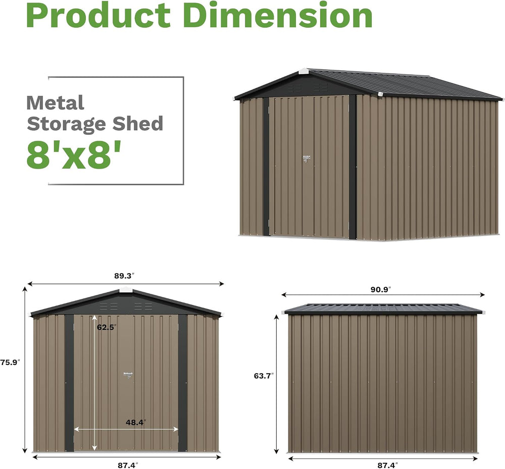 Patiowell 8x8 FT Storage Shed, Outdoor Metal Sheds, Brown