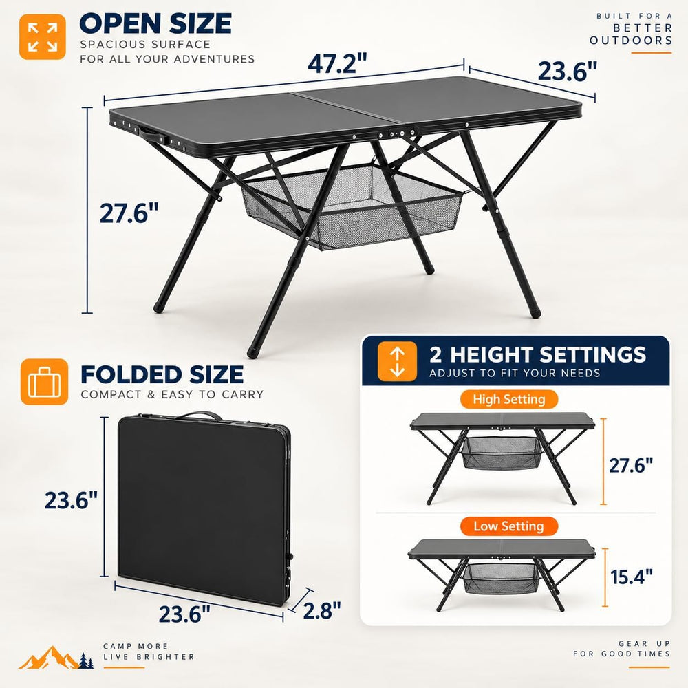 Overmont Folding Aluminum 4ft Camping Table with Carry Handle 2 Heights Up