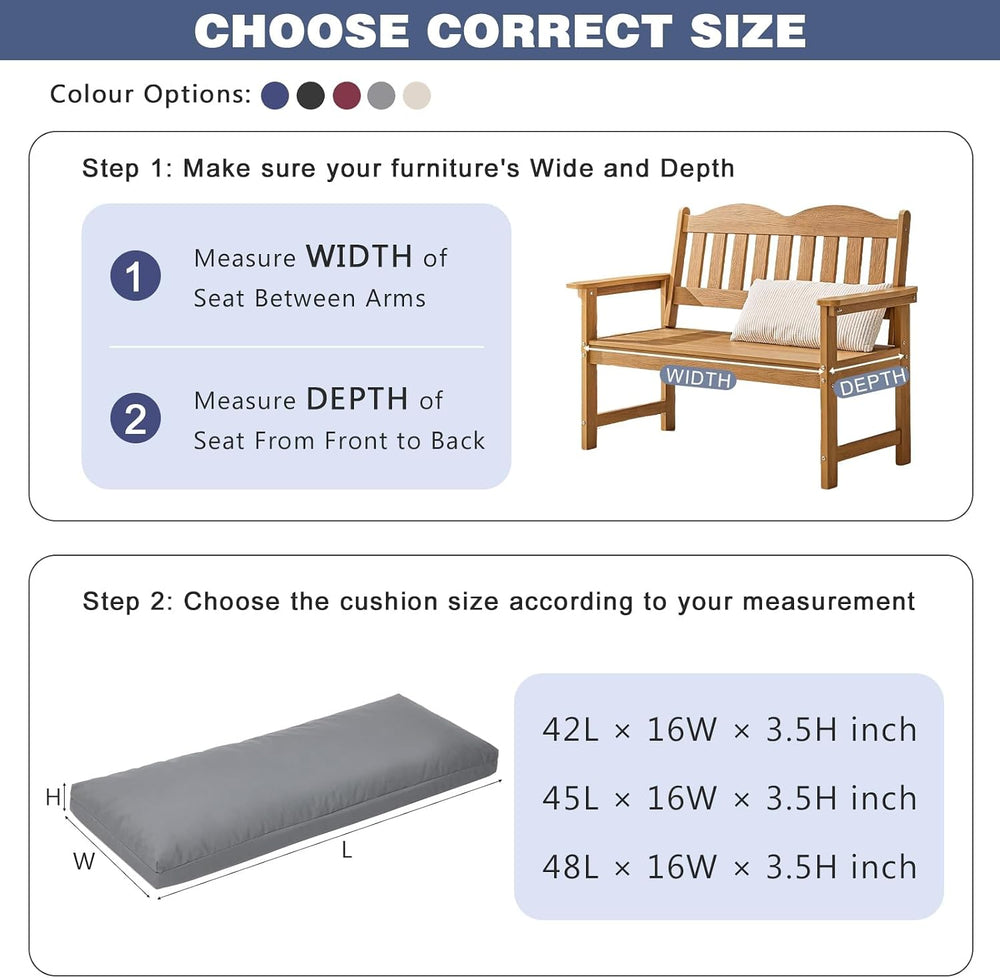 baibu Waterproof Outdoor Bench Cushion with Ties, 42 x 16 x 3.5 Inch, Grey