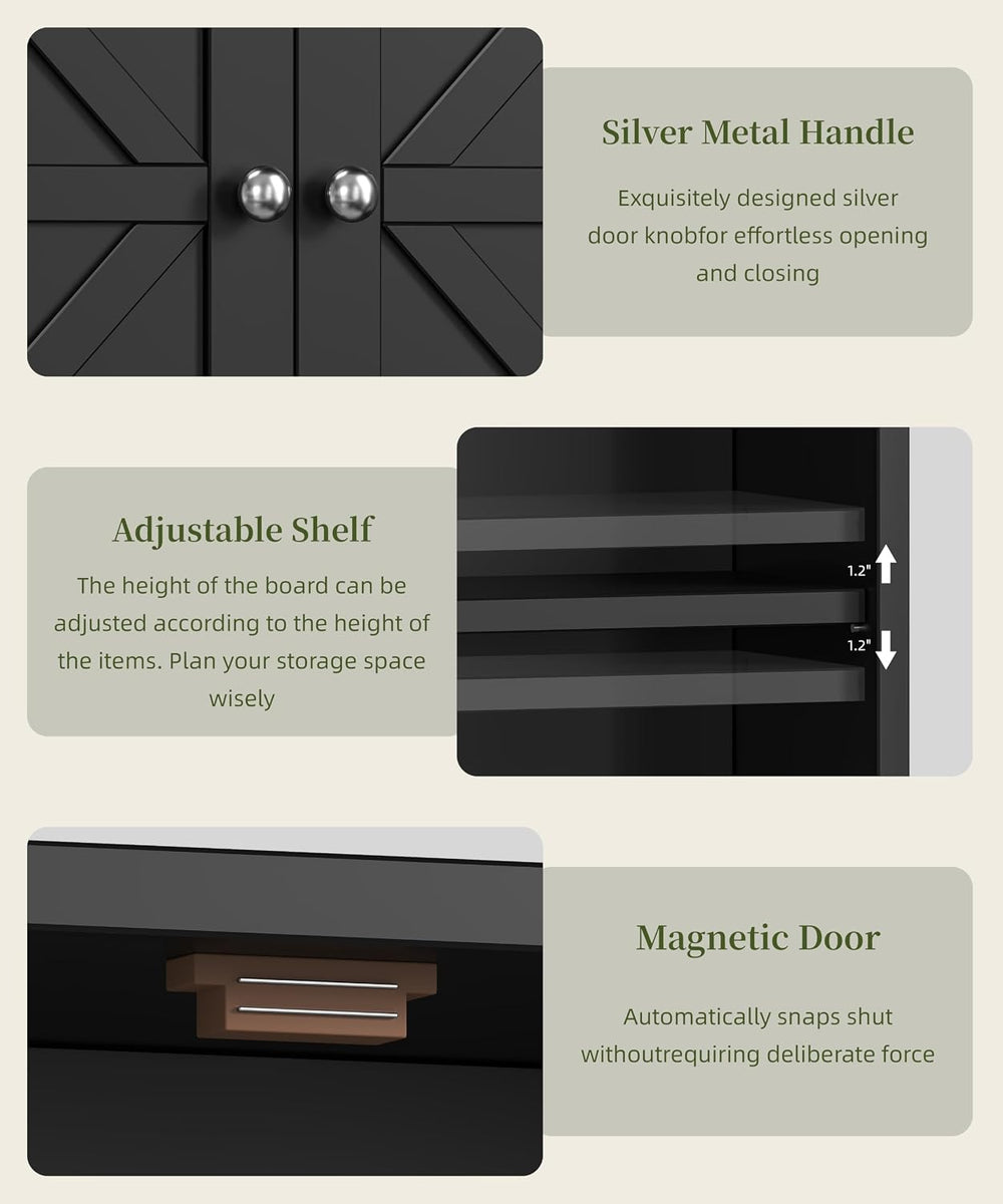 Black Bathroom Wall Cabinet with Adjustable Shelf & Barn Doors