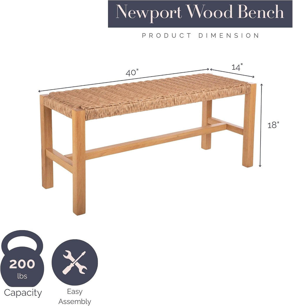 Alaterre Newport Solid Wood Entryway Bench with Woven Rope Seat, Light