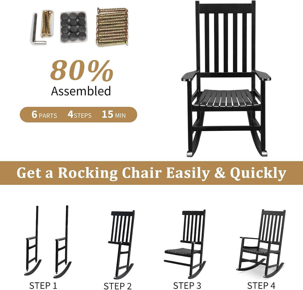 Outvita Outdoor Rocking Chair, Solid Wood High Back Porch Rocker, Black