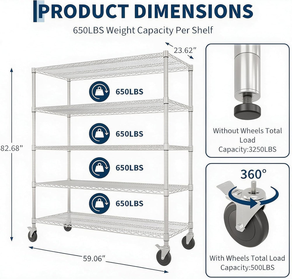 Garvee 59"W 5-Tier Heavy Duty 3250LBS Chrome Wire Shelving with Wheels