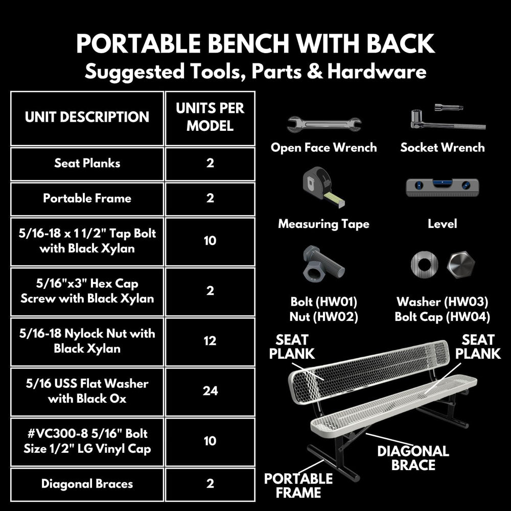 Bench, Green, Expanded, 6Ft, with Back, Portable