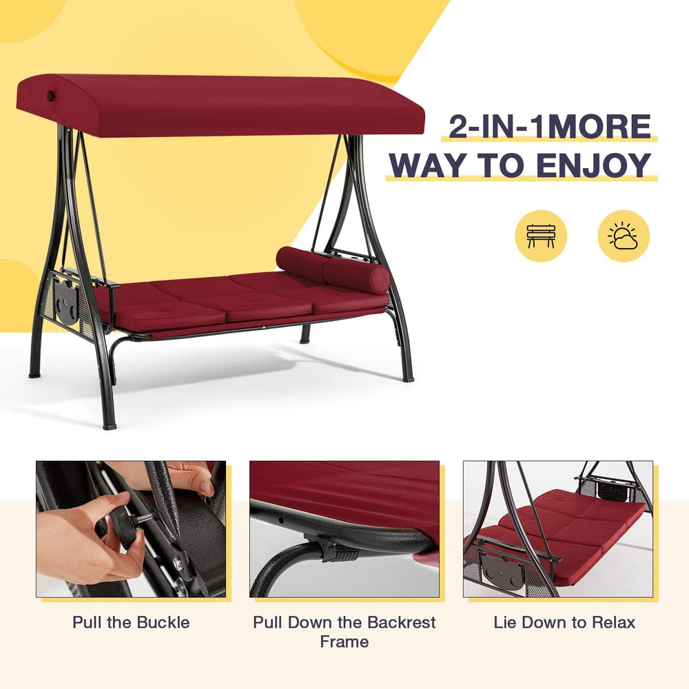 3 Person Porch Swing with Adjustable Canopy, Patio Swing with Stand