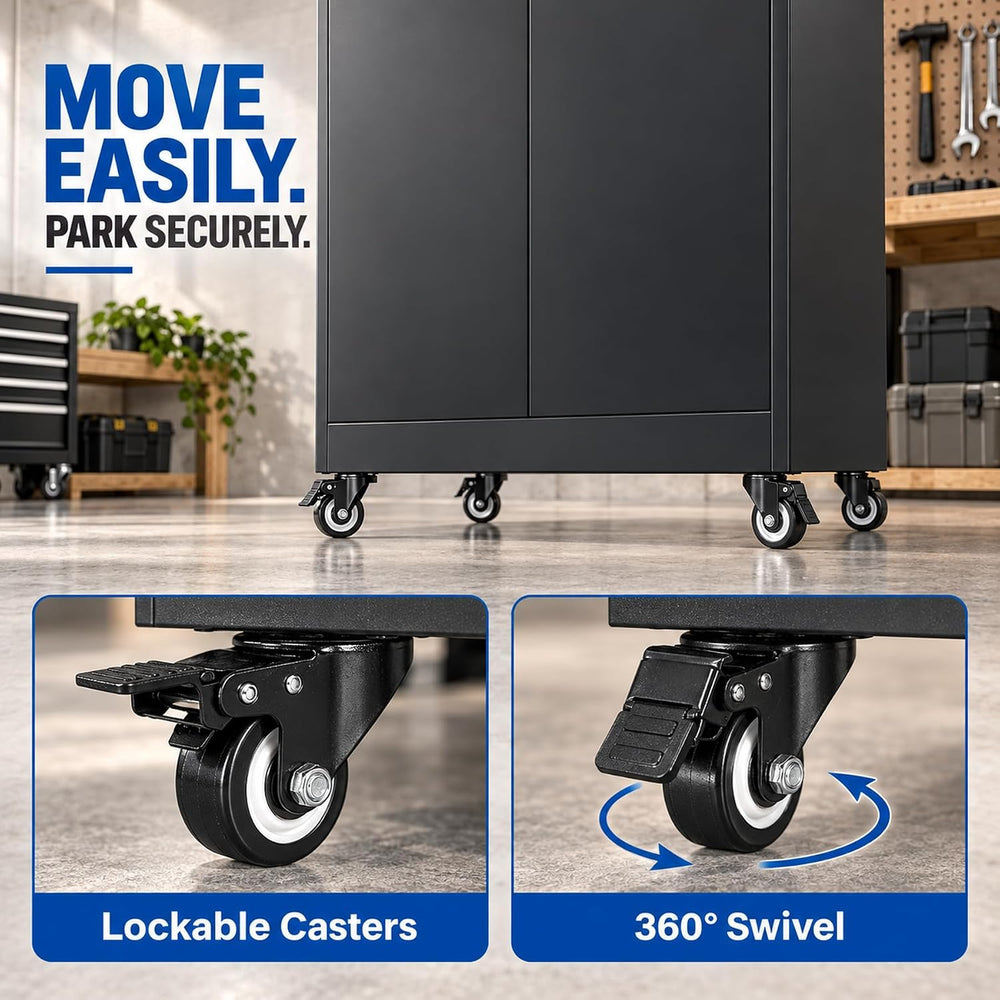BYNSOE Metal Garage Storage Cabinet with Wheels,Metal Storage Cabinet with Ad...