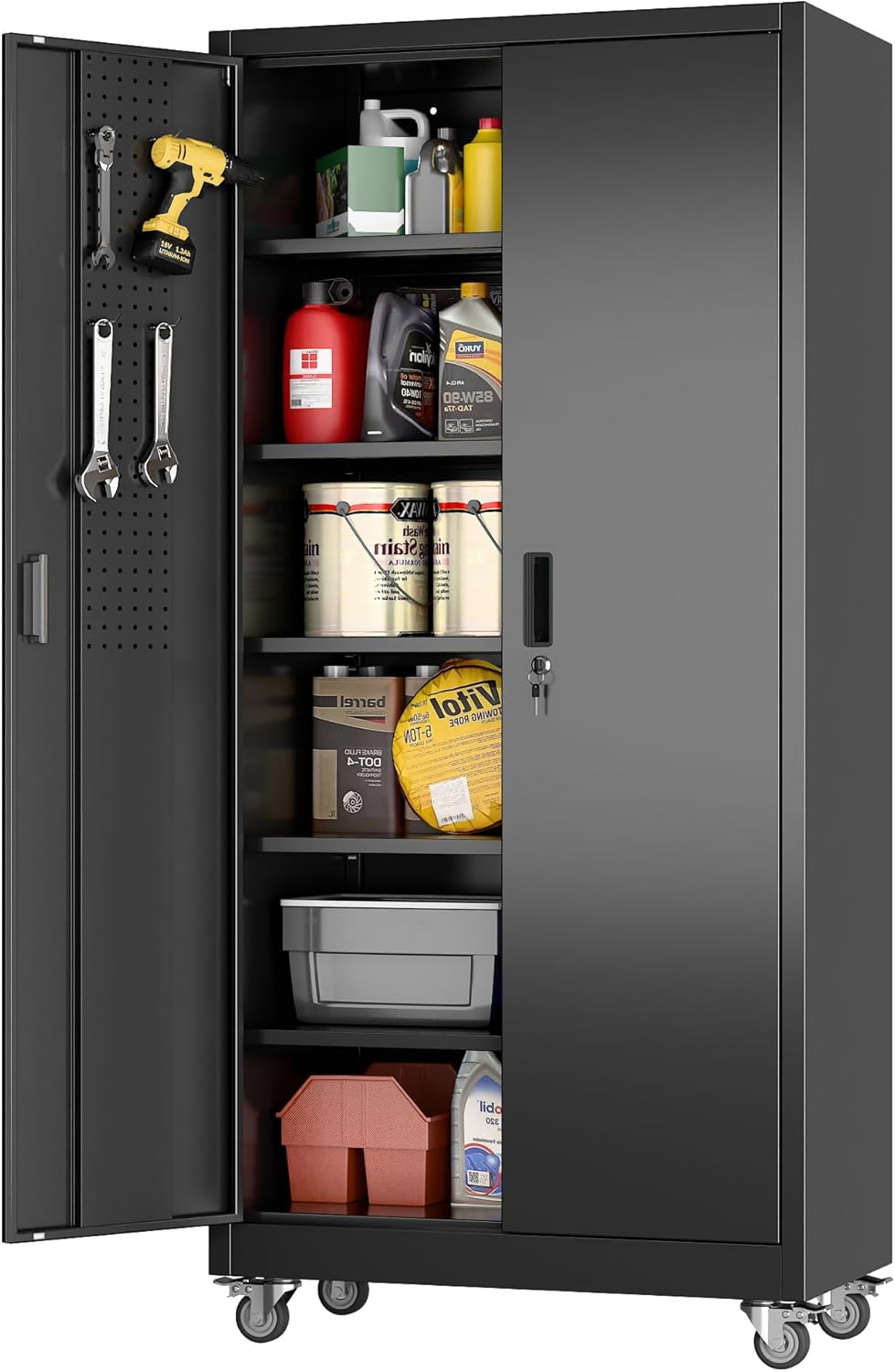 71" Metal Storage Cabinet with Wheels, 5 Adjustable Shelves, Black