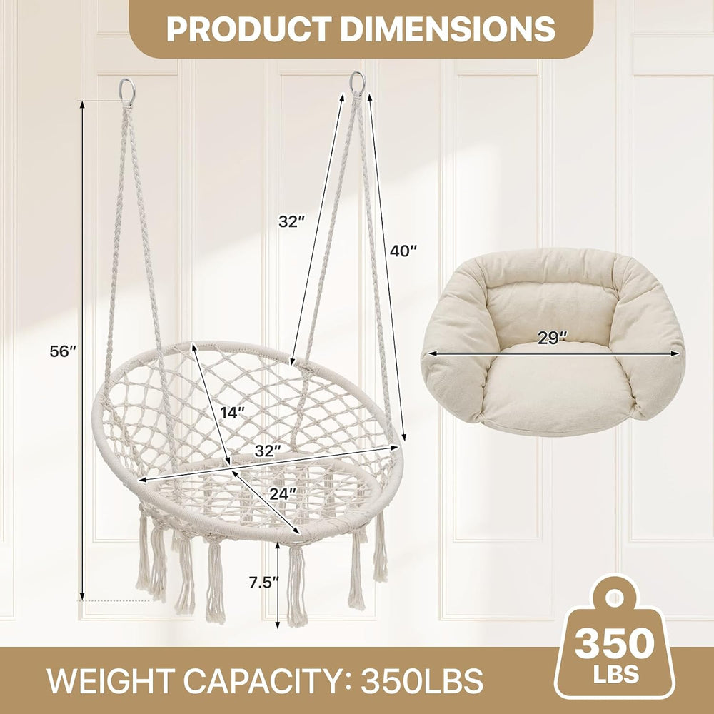 Monibloom Hanging Hammock Chair Macrame Swing with Cushion, Beige
