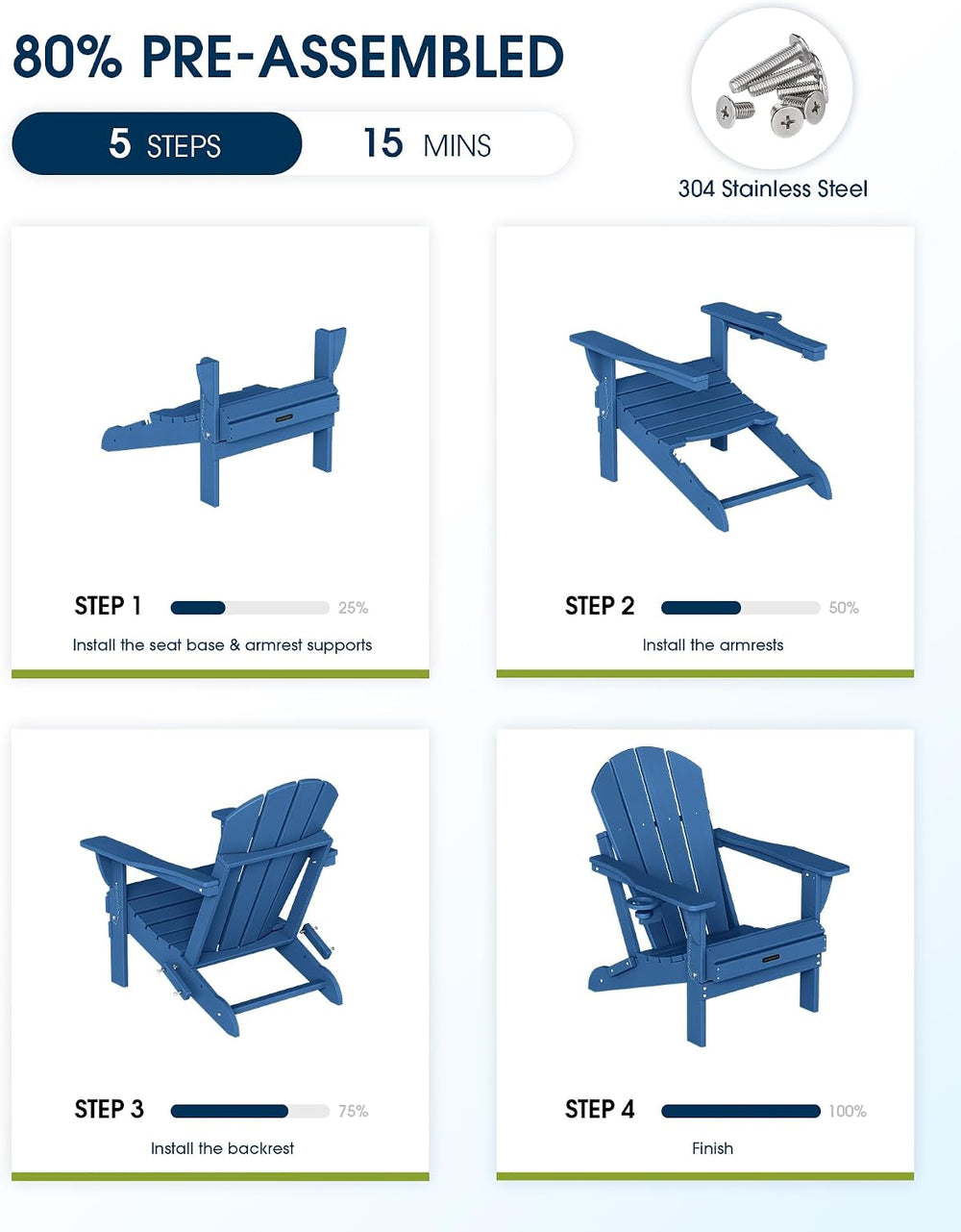 MUCHENGHY Folding Adirondack Chair HDPE for Fire Pit Outdoor, Navy Blue