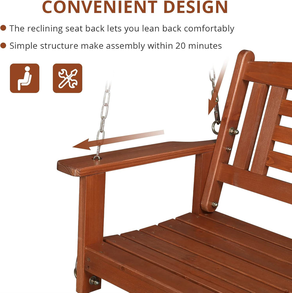 Fir Wood 44in Porch Swing Bench with Chains & Reclined Backrest