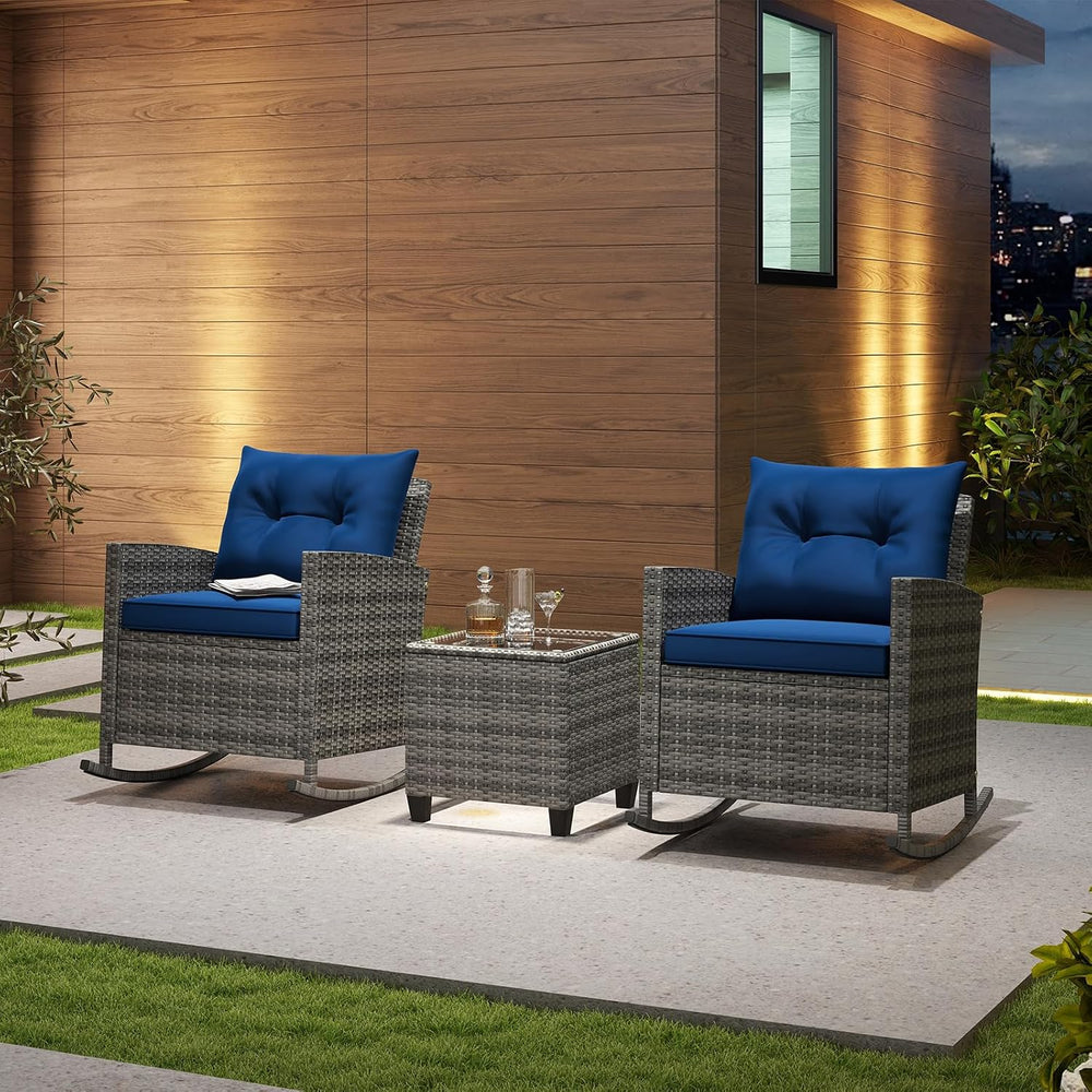 HAPPYGRILL 3 Pieces Patio Rattan Rocking Bistro Set, PE Wicker Rocking Chairs...