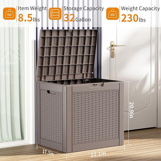 32 Gallon Outdoor Storage Box, Large Resin Deck Box for Patio Cushions, Garde...