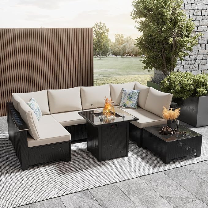 8 Pcs Patio Furniture Set with Fire Pit Table Wicker Outdoor Sectional Sofa, ...