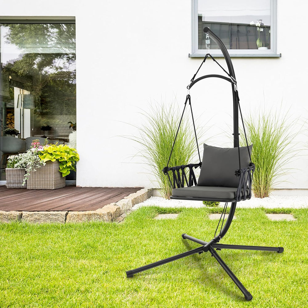 Tangkula Folding Swing Chair with Stand, Hanging Egg Chair with Cushion, Pill...