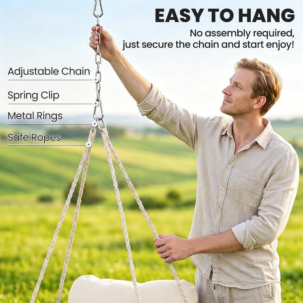 Outsunny Hammock Swing Chair w/ Large Cushion Cotton Rope Chain Cream White