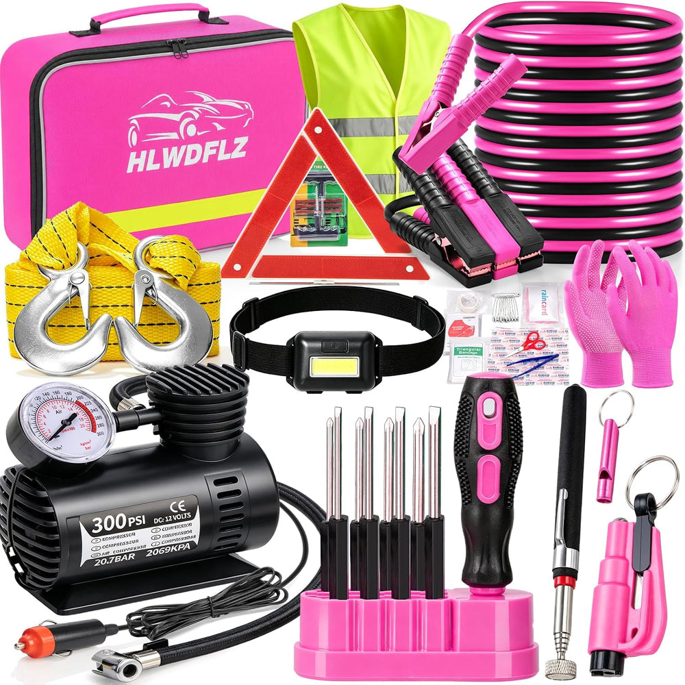 Car Emergency Kit with Portable Air Compressor, Jumper Cables, Tow Straps – R...