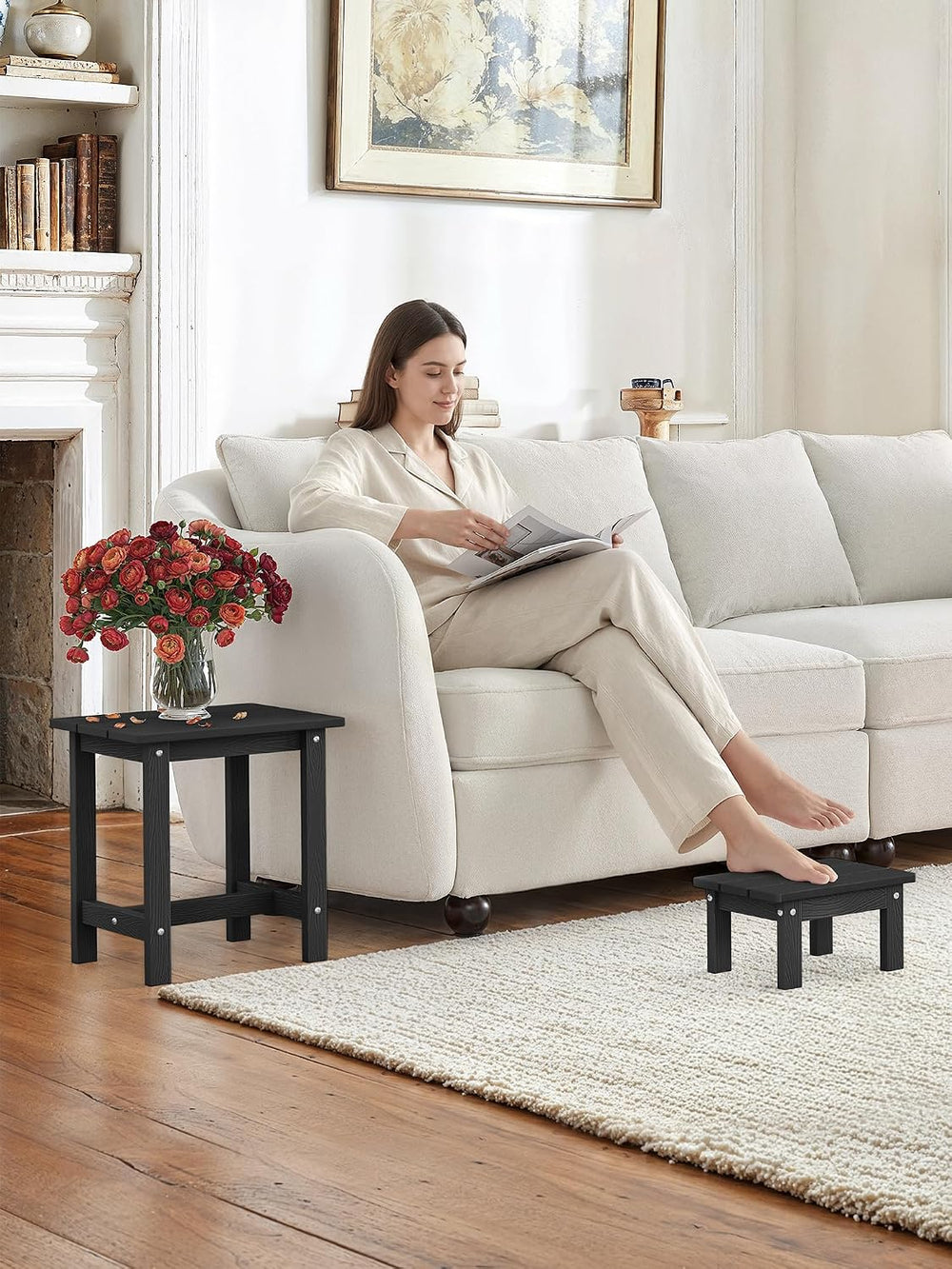 LUE BONA Small Outdoor Side Table with Removable Footstool for Patio, Black