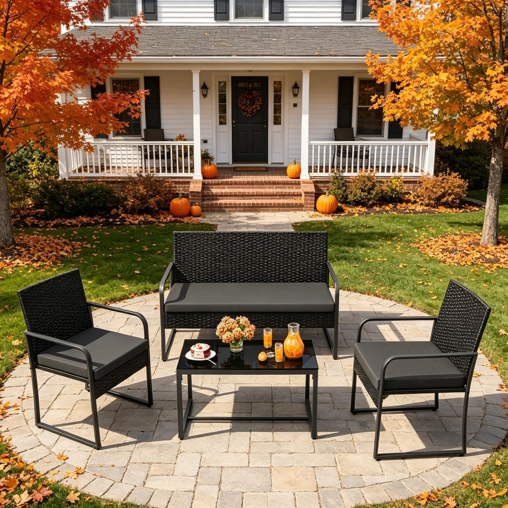 Gizoon Black Wicker Conversation Set with Glass Coffee Table