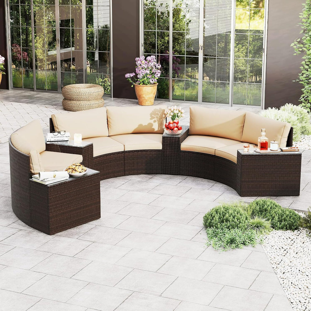 Tangkula 7 Pieces Patio Furniture Set, Rattan Half-Moon Curved Sectional Cush...