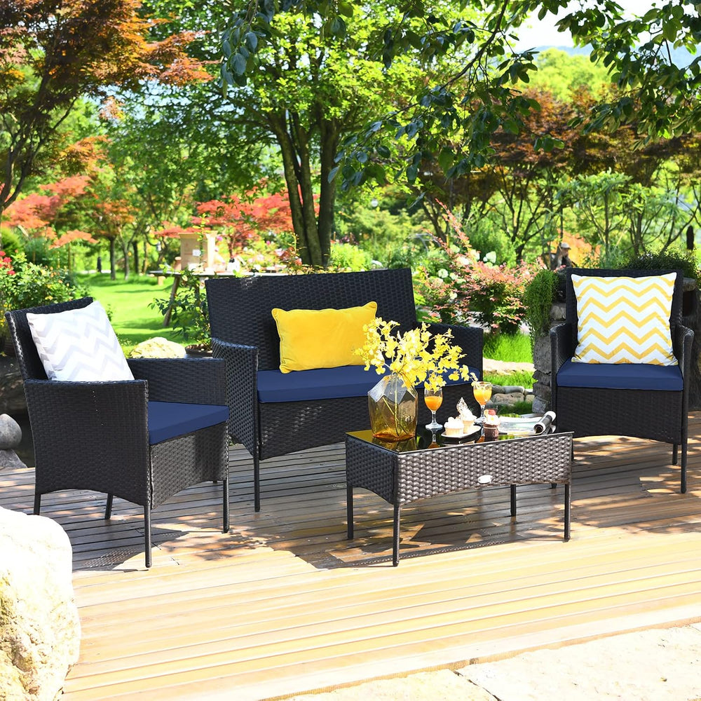 Tangkula 4 Pieces Patio Furniture Set, Outdoor Wicker Conversation Set with T...
