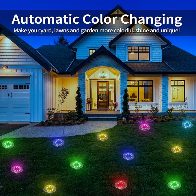 LYHOPE Solar Ground Light Outdoor, 16 Pack 8 LED Color Changing Solar Disk Li...