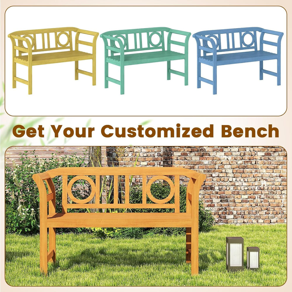 Tangkula Acacia Wood Outdoor Bench, 2-Person Garden Bench, Circle Backrest