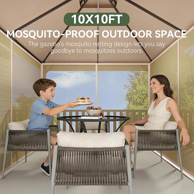 Aoxun 10x10 Outdoor Gazebo with 50FT LED Hanging Lights Metal Frame Canopy wi...