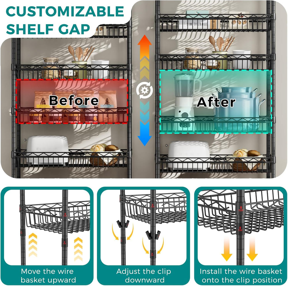 6 Tier Shelf Wire Shelving Adjustable Storage Shelves Basket Rack