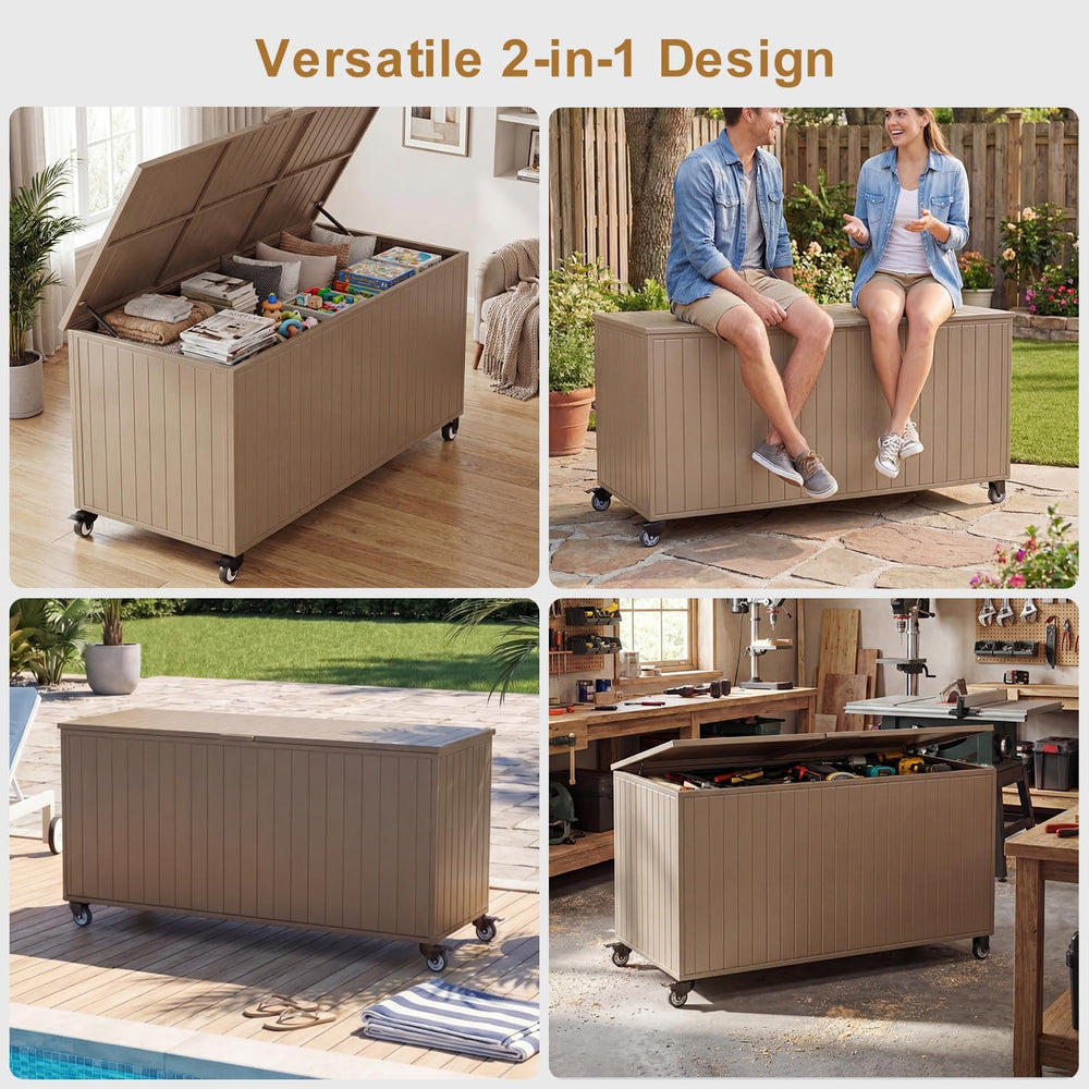 250 Gallon Metal Large Outdoor Deck Box with 4 Wheels, Brown