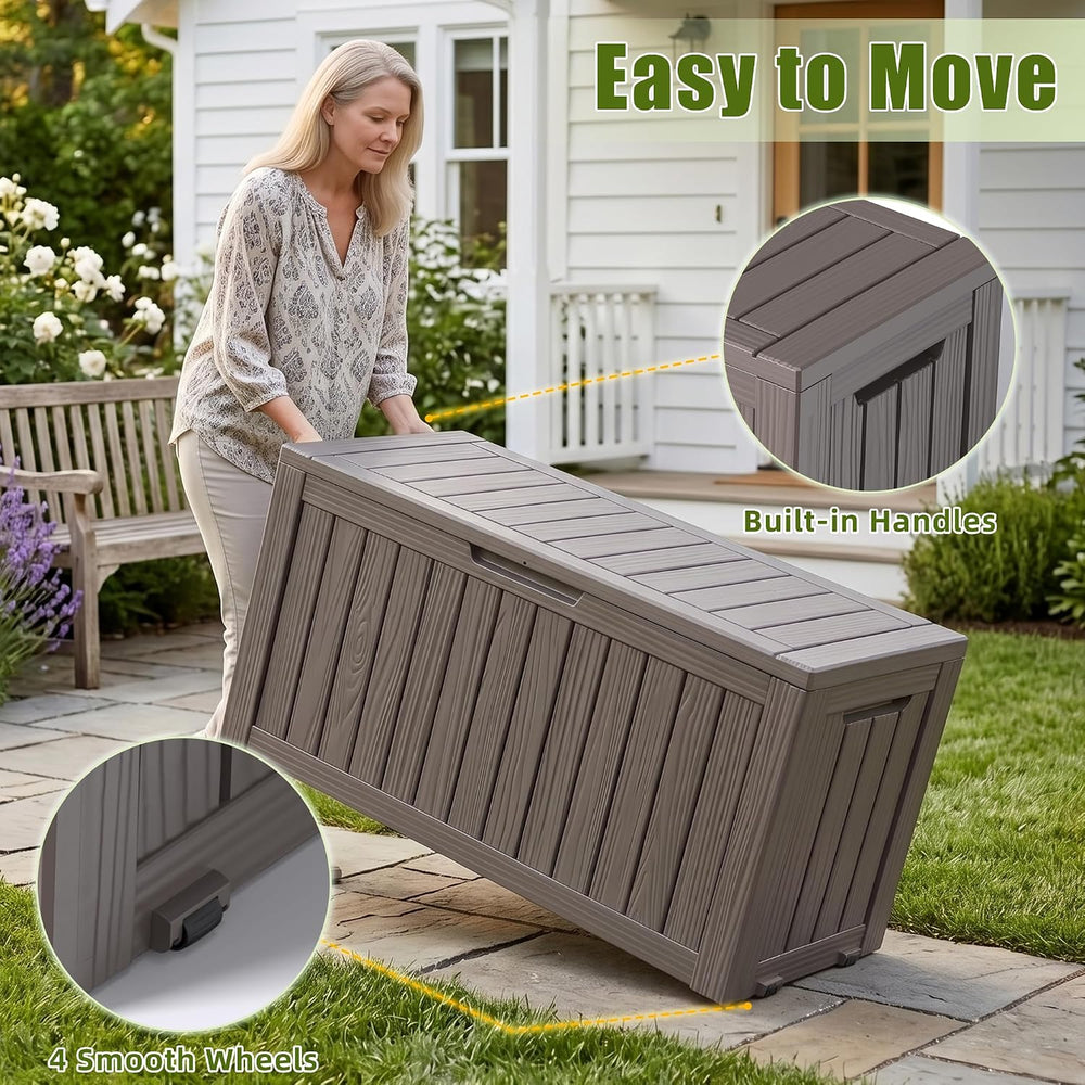 140Gal Outdoor Storage Box with Portable Wheels, Waterproof Deck Box
