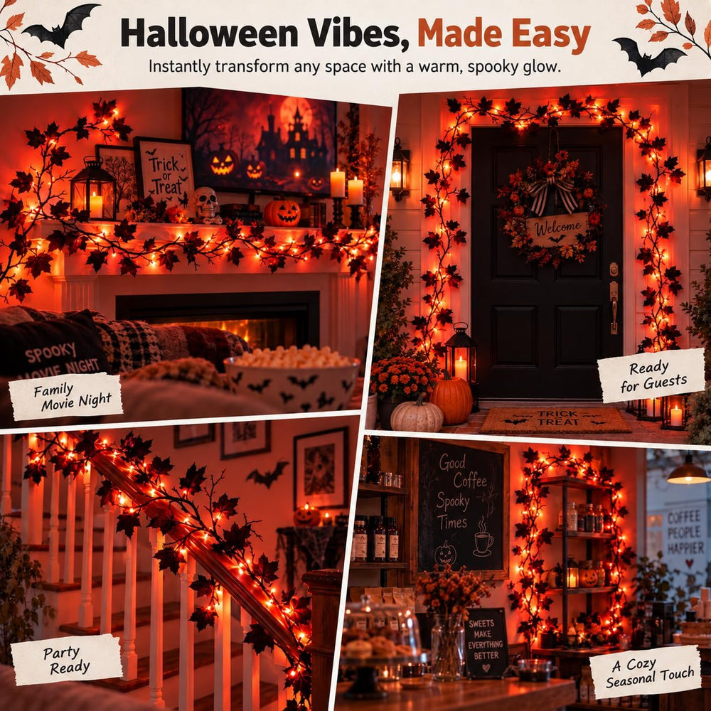 Halloween Garland with Orange Lights, 9 FT Black Maple Leaves, 72 LEDs