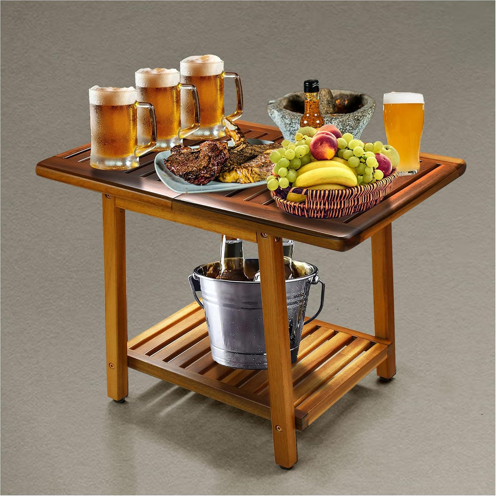 ENKEZI Acacia 24 Inches Outdoor Side Table, 2-Tier Sturdy Patio, End Table We...