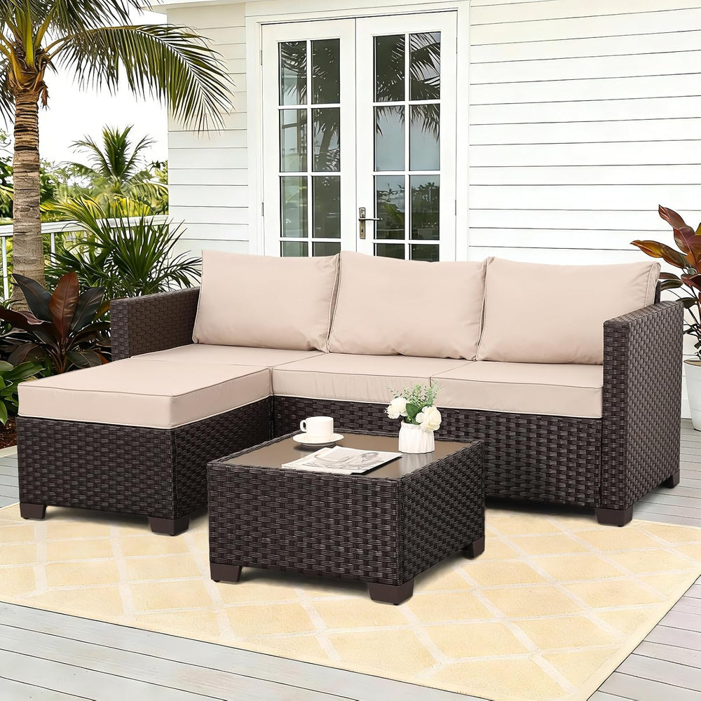 Rattan Star Patio Furniture Set 3 Piece Outdoor Sectional Sofa Set with Wicke...