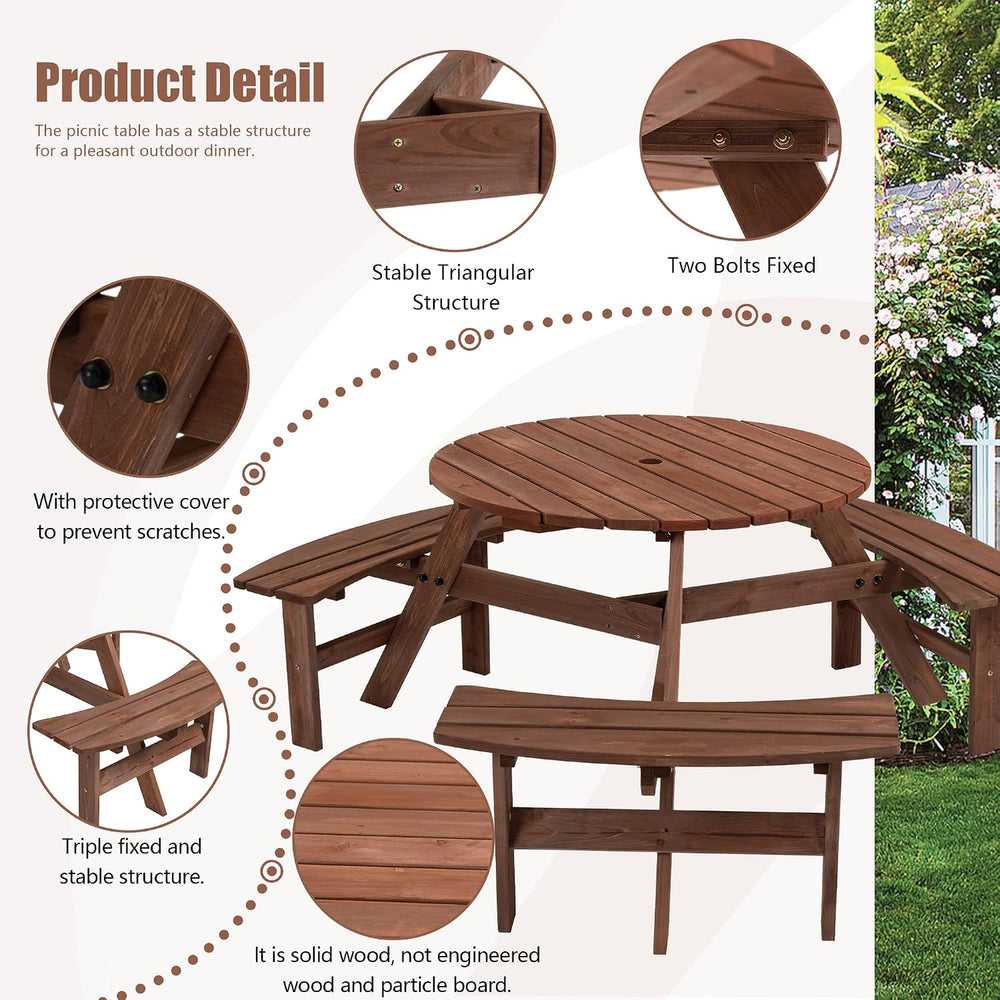 6 Person Wood Picnic Table, Outdoor Round Picnic Table with 3 Built-in Benche...