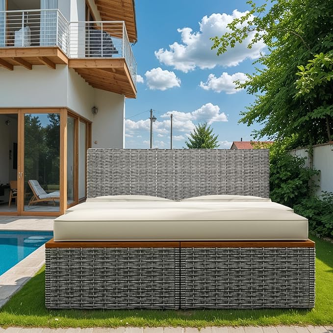 Flamaker Outdoor Rattan Daybed with 2 Side Tables, Multifunctional Wicker Pat...