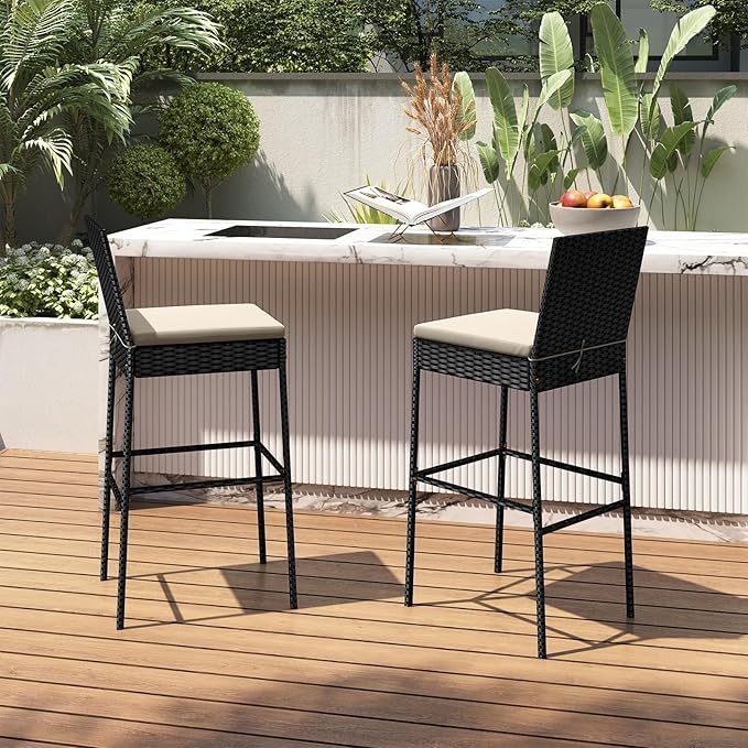 HAPPYGRILL Wicker Patio Barstools Set of 4, Outdoor Rattan Bar Chairs with Fo...
