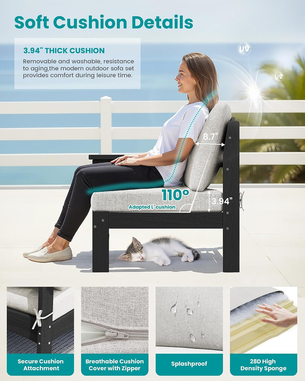 SERWALL 5 Piece HDPE Patio Sofas Set with Ottoman and Coffee Table, Black