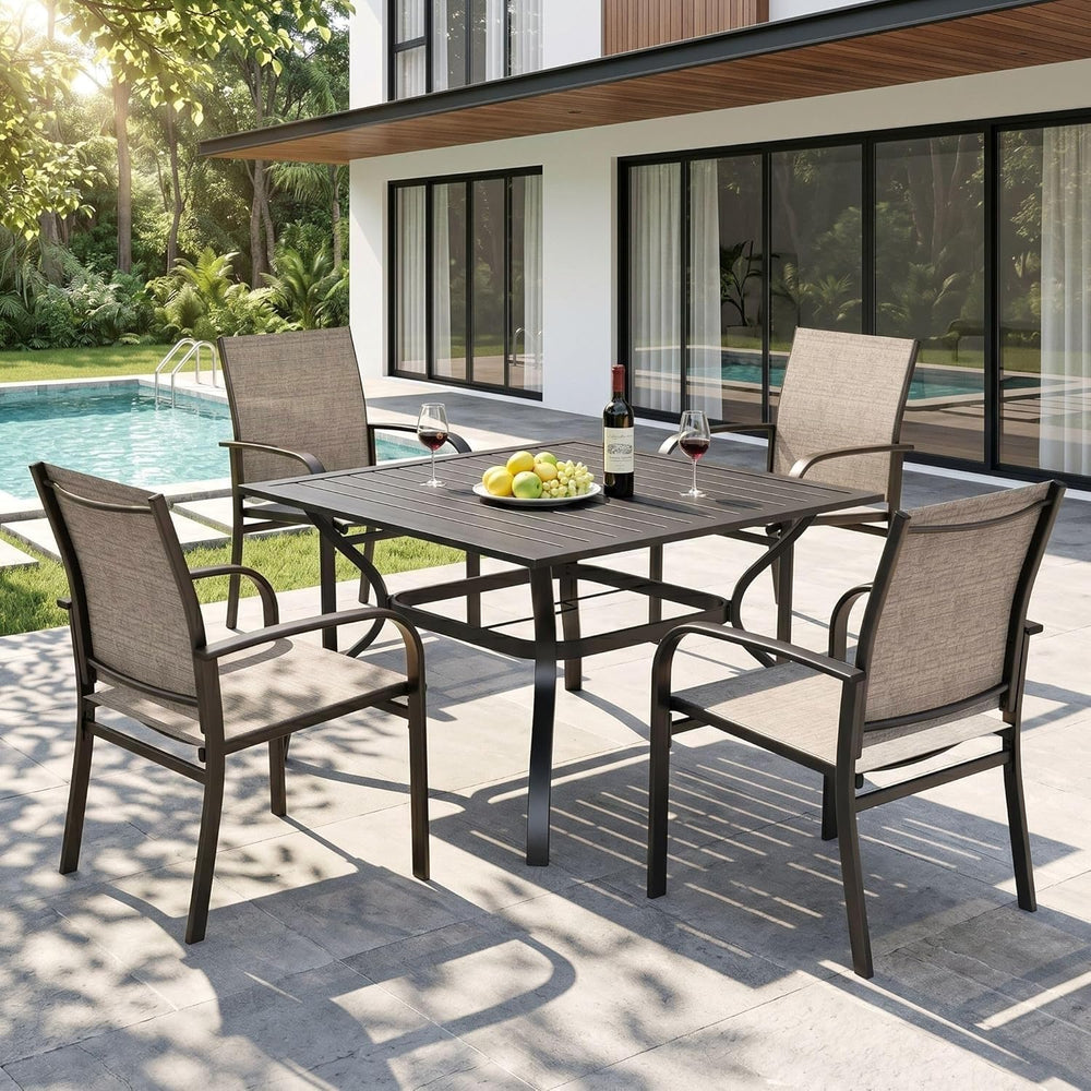 5pc Patio Dining Set for 4, Outdoor Metal Table & Brown Chairs